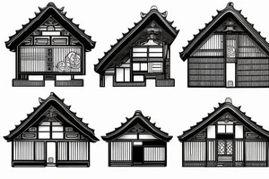 sealed house, traditional Japanese kurma style roof house, windows closed, door sealed, dark sky, gloomy sky atmosphere, Japanese-style butterfly tattoo idea