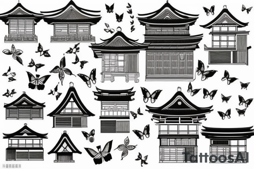 sealed house, traditional Japanese kurma style roof house, windows closed, door sealed, gloomy sky atmosphere, Japanese-style butterfly tattoo idea