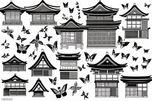 sealed house, traditional Japanese kurma style roof house, windows closed, door sealed, gloomy sky atmosphere, Japanese-style butterfly tattoo idea