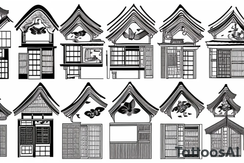 sealed house, traditional Japanese kurma style roof house, windows closed, door sealed, gloomy sky atmosphere, Japanese-style butterfly tattoo idea