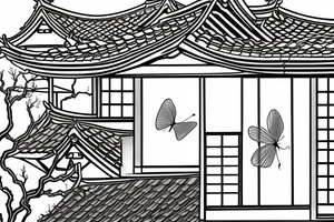 sealed house, traditional Japanese kurma style roof house, windows closed, door sealed, gloomy sky atmosphere, Japanese-style butterfly on door tattoo idea
