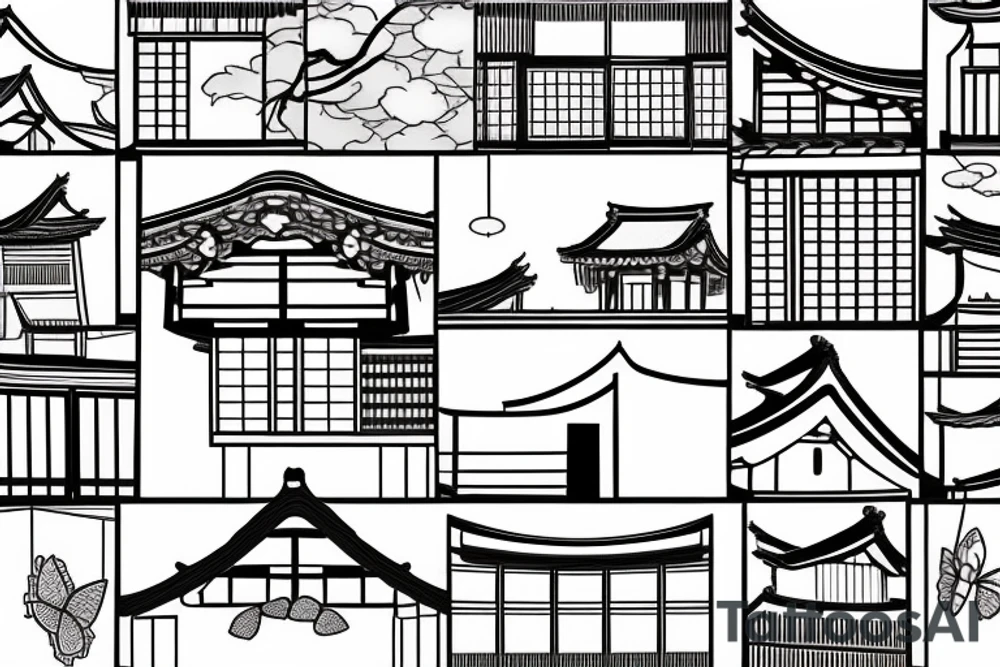 sealed house, traditional Japanese kurma style roof house, windows closed, door sealed, gloomy sky atmosphere, Japanese-style butterfly on door tattoo idea