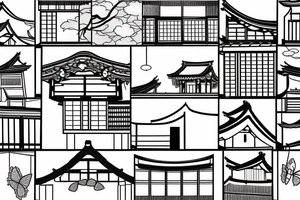 sealed house, traditional Japanese kurma style roof house, windows closed, door sealed, gloomy sky atmosphere, Japanese-style butterfly on door tattoo idea