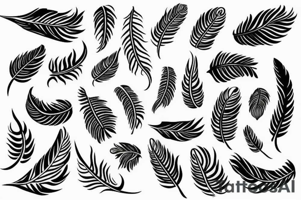 create a very fine lined friendship tattoo that contains of following four symbols: feather - wave flame - roots tattoo idea