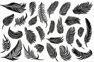 create a very fine lined friendship tattoo that contains of following four symbols: feather - wave flame - roots tattoo idea