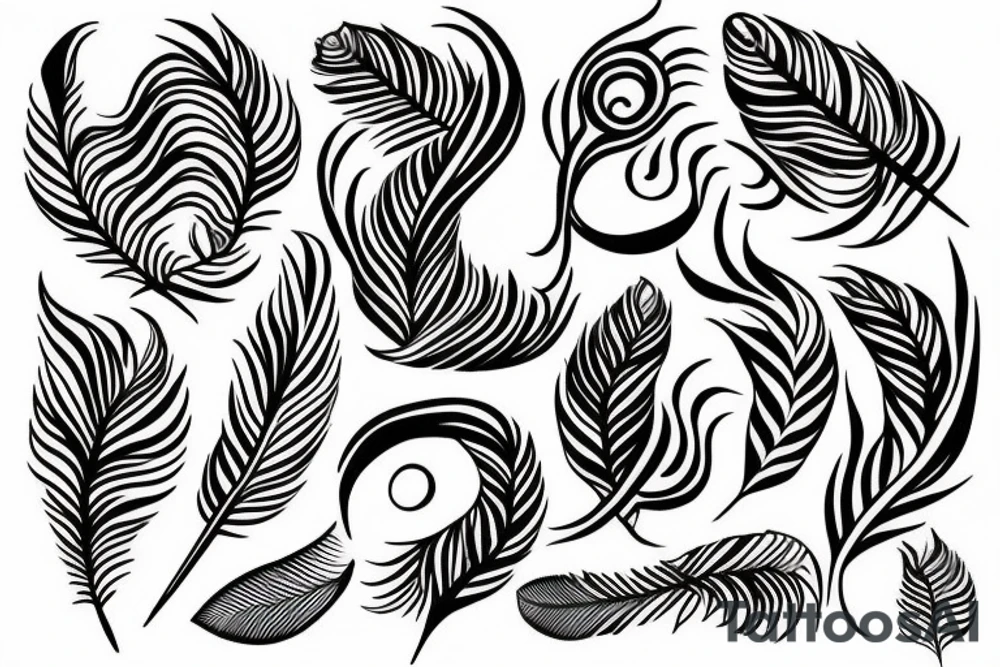 create a very fine lined friendship tattoo that contains of following four symbols: feather - wave flame - roots tattoo idea
