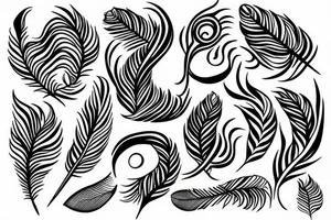 create a very fine lined friendship tattoo that contains of following four symbols: feather - wave flame - roots tattoo idea