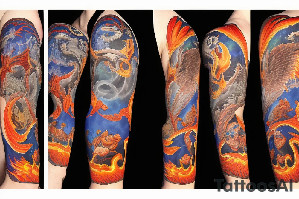 arm sleeve with a large phoenix surrounded by family, NY Giants, NY Mets, NY Rangers, NY Knicks, Music tattoo idea