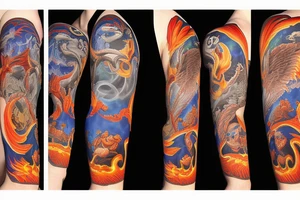 arm sleeve with a large phoenix surrounded by family, NY Giants, NY Mets, NY Rangers, NY Knicks, Music tattoo idea