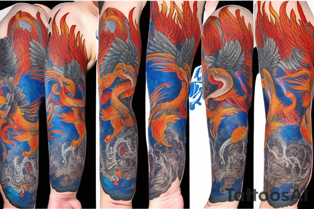 arm sleeve with a large phoenix surrounded by family, NY Giants, NY Mets, NY Rangers, NY Knicks, Music tattoo idea