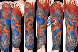 arm sleeve with a large phoenix surrounded by family, NY Giants, NY Mets, NY Rangers, NY Knicks, Music tattoo idea