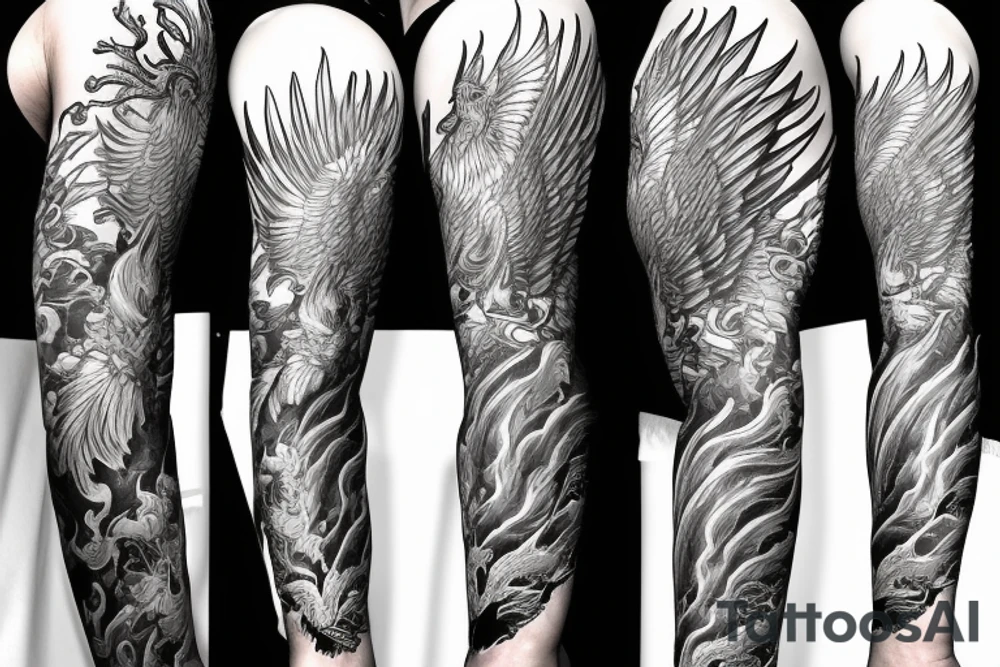 arm sleeve with a large phoenix surrounded by family, NY Giants, NY Mets, NY Rangers, NY Knicks, Music tattoo idea