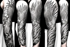 arm sleeve with a large phoenix surrounded by family, NY Giants, NY Mets, NY Rangers, NY Knicks, Music tattoo idea