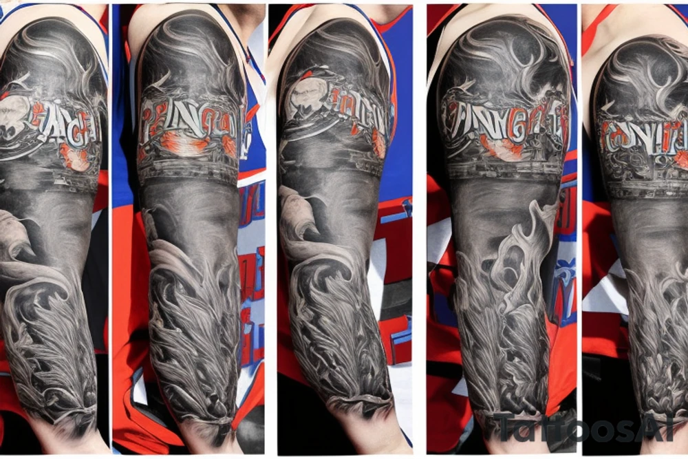 arm sleeve with a large phoenix surrounded by family, NY Giants, NY Mets, NY Rangers, NY Knicks, Music tattoo idea