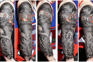 arm sleeve with a large phoenix surrounded by family, NY Giants, NY Mets, NY Rangers, NY Knicks, Music tattoo idea