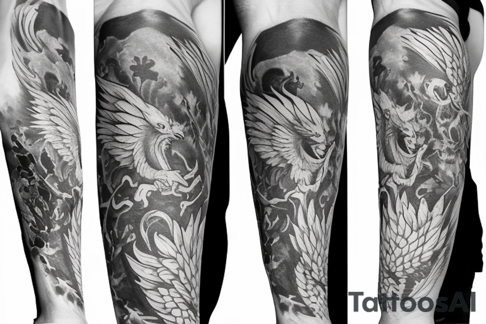 forearm sleeve with a large phoenix surrounded by family, NY Giants, NY Mets, NY Rangers, NY Knicks, Music tattoo idea