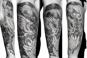 forearm sleeve with a large phoenix surrounded by family, NY Giants, NY Mets, NY Rangers, NY Knicks, Music tattoo idea