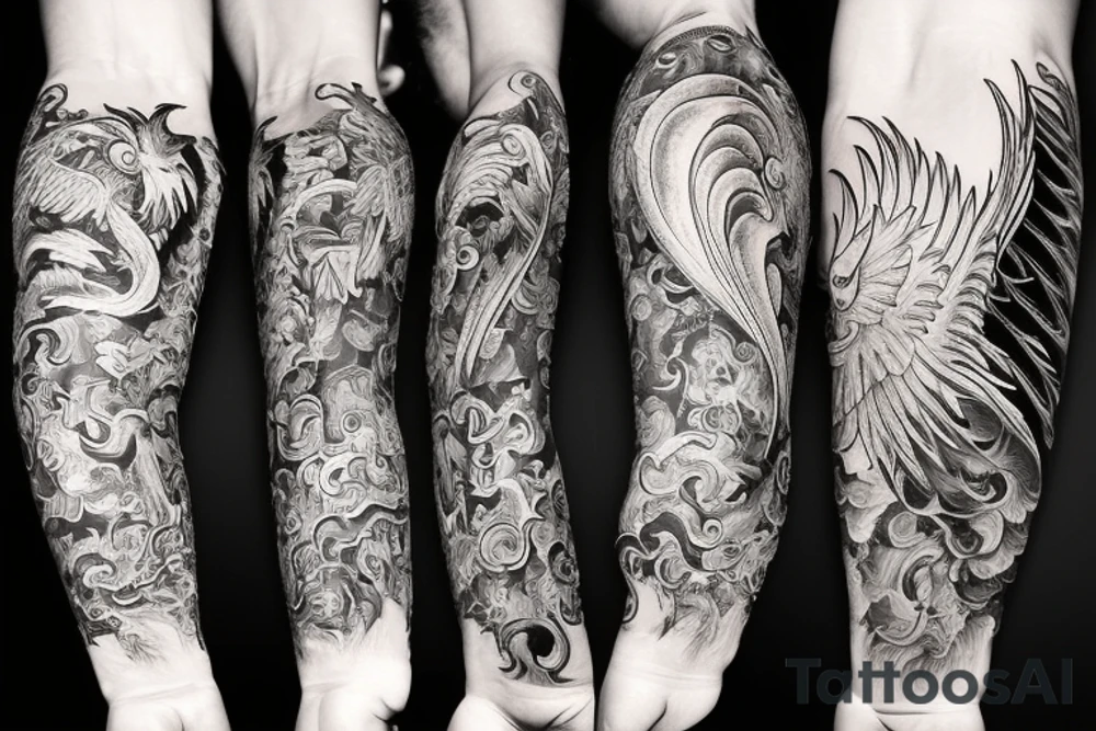 forearm sleeve with a large phoenix surrounded by family, NY Giants, NY Mets, NY Rangers, NY Knicks, Music tattoo idea