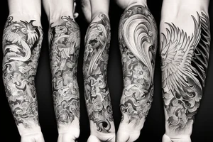 forearm sleeve with a large phoenix surrounded by family, NY Giants, NY Mets, NY Rangers, NY Knicks, Music tattoo idea