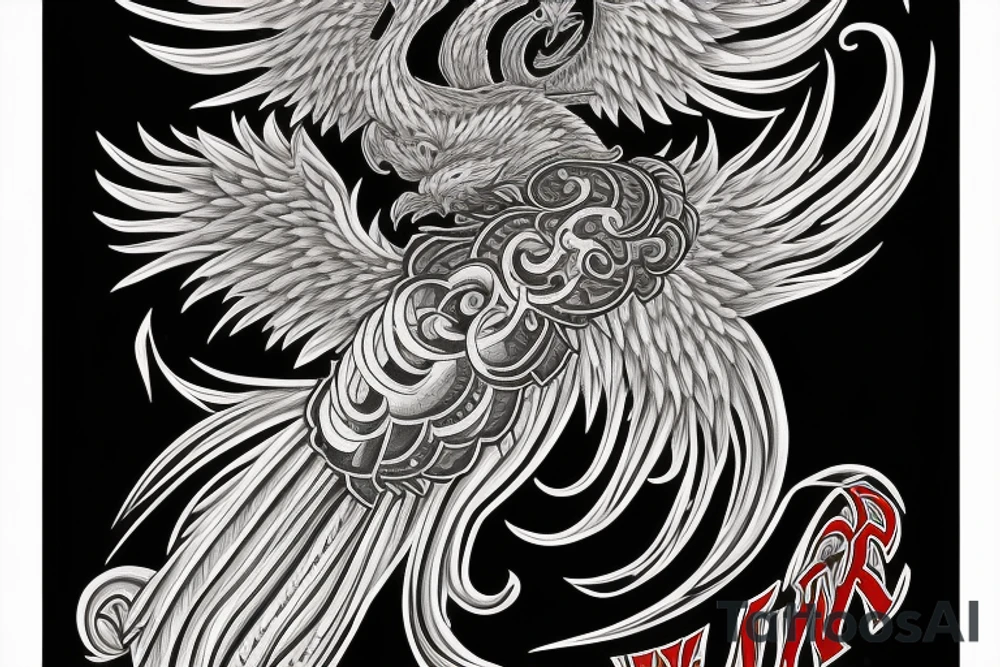 forearm sleeve with a large phoenix surrounded by family, NY Giants, NY Mets, NY Rangers, NY Knicks, Music tattoo idea