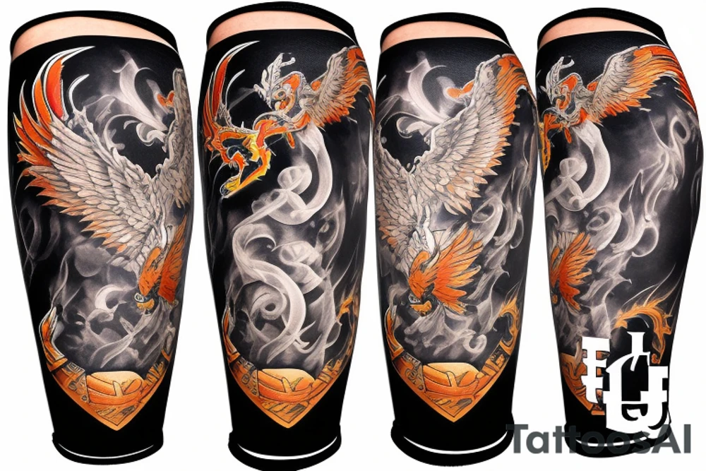 forearm sleeve with a large phoenix surrounded by family, NY Giants, NY Mets, NY Rangers, NY Knicks, Music tattoo idea