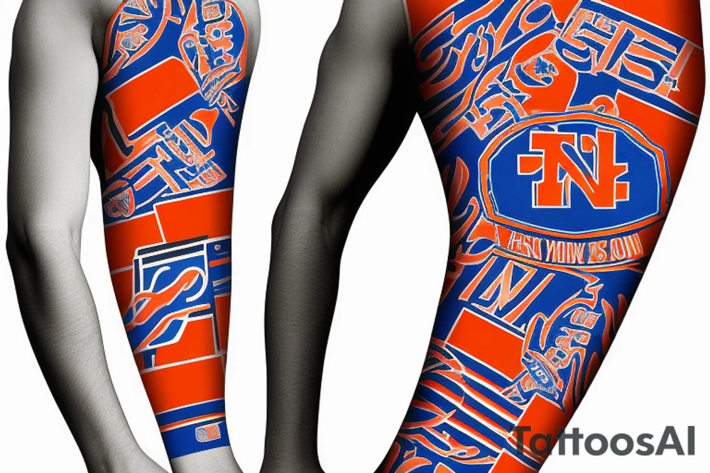 NY Giants, NY Rangers, NY Mets, NY Knicks Logo in forearm sleeve tattoo idea