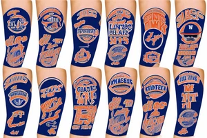 NY Giants, NY Rangers, NY Mets, NY Knicks Logo in forearm sleeve tattoo idea