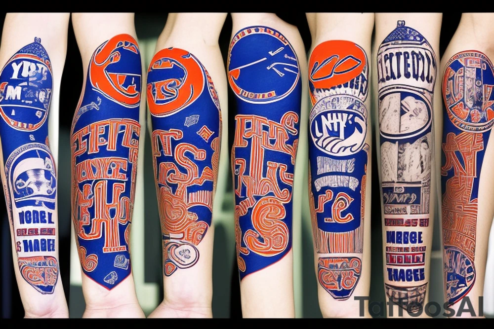 NY Giants, NY Rangers, NY Mets, NY Knicks Logo in forearm sleeve tattoo idea