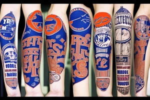 NY Giants, NY Rangers, NY Mets, NY Knicks Logo in forearm sleeve tattoo idea