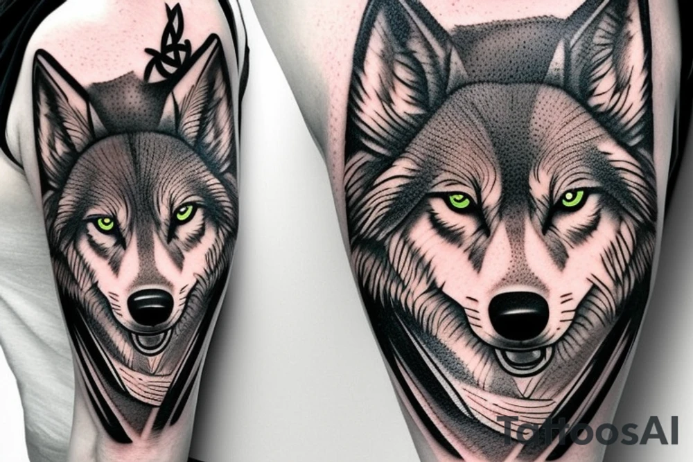 Shoulder tattoo with a Celtic cross of Muiredach and containing a wolf with yellow eyes. tattoo idea