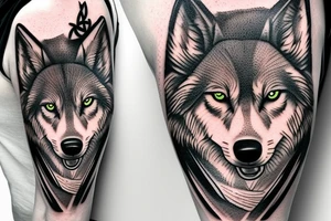 Shoulder tattoo with a Celtic cross of Muiredach and containing a wolf with yellow eyes. tattoo idea