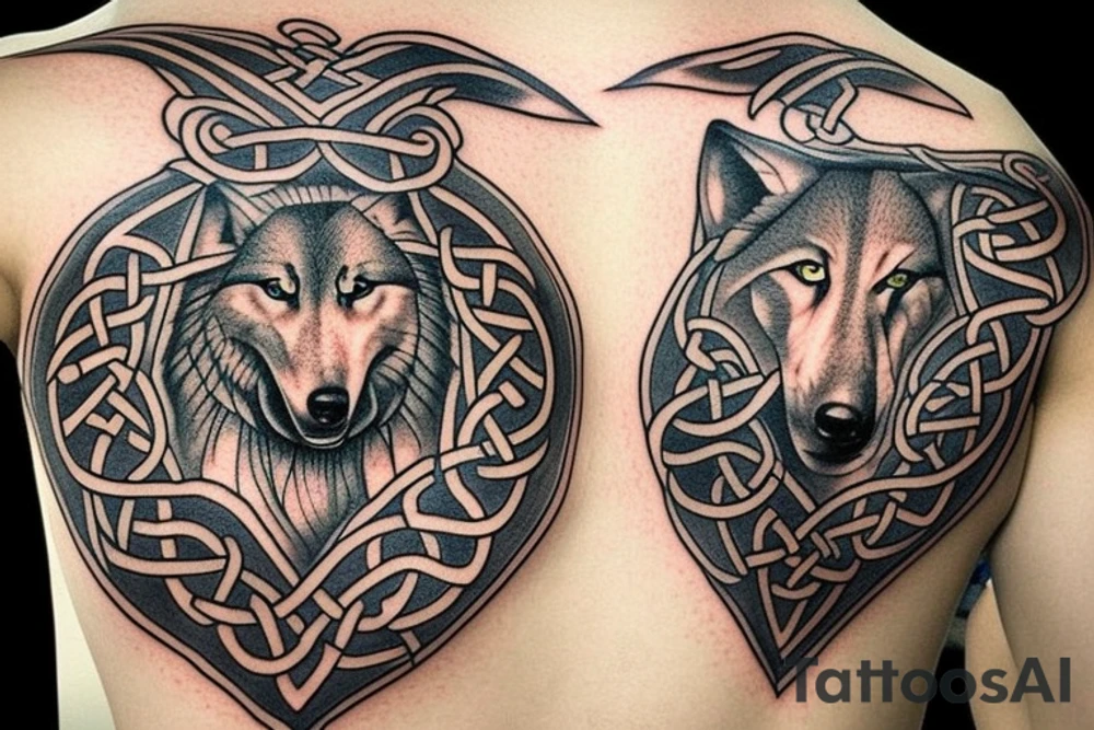 Shoulder tattoo with a Celtic cross of Muiredach and containing a wolf with yellow eyes. tattoo idea