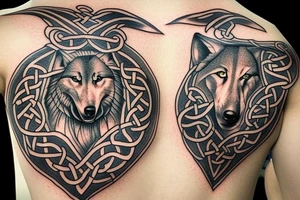 Shoulder tattoo with a Celtic cross of Muiredach and containing a wolf with yellow eyes. tattoo idea