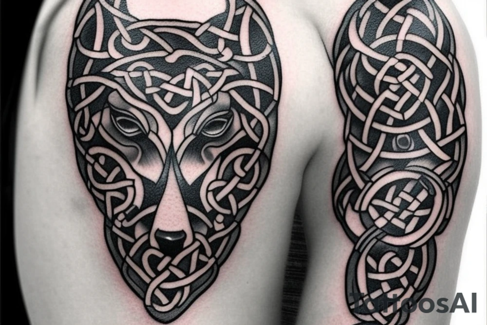 Left shoulder with Celtic cross with a wolf tattoo idea