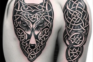 Left shoulder with Celtic cross with a wolf tattoo idea