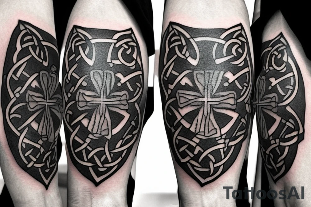 Left shoulder with Celtic cross with a wolf tattoo idea