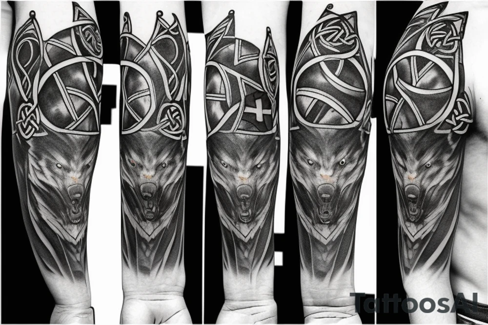 Left shoulder with Celtic cross and wolf with yellow eyes tattoo idea