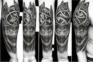 Left shoulder with Celtic cross and wolf with yellow eyes tattoo idea