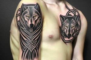 Left shoulder with Celtic cross and wolf with yellow eyes tattoo idea