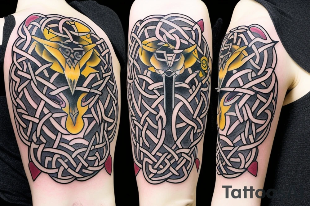 Left shoulder with Celtic cross and wolf with yellow eyes tattoo idea
