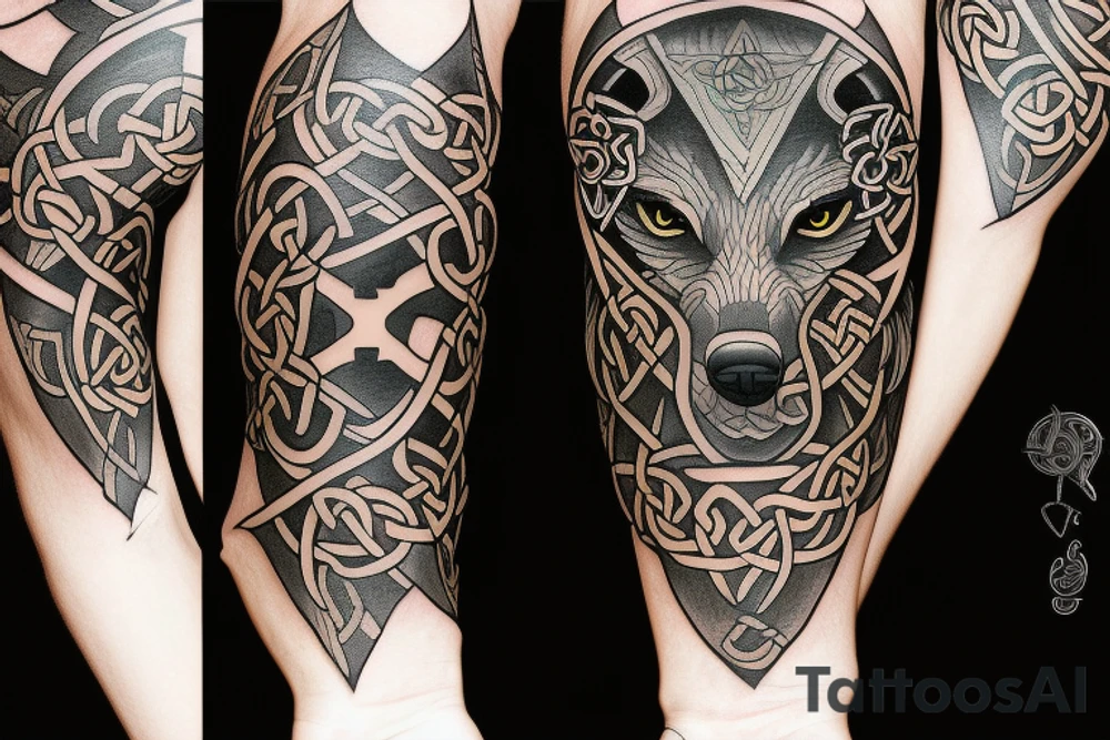 Left shoulder with Celtic cross and wolf with yellow eyes tattoo idea