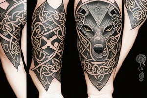 Left shoulder with Celtic cross and wolf with yellow eyes tattoo idea