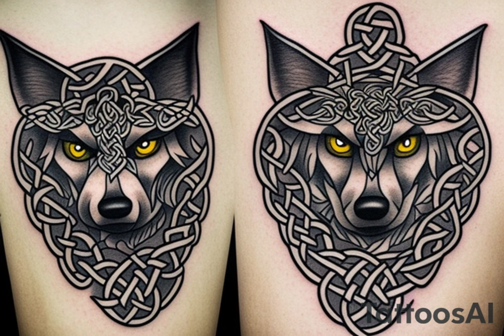 Left shoulder with Celtic cross and wolf with yellow eyes tattoo idea