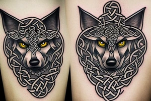 Left shoulder with Celtic cross and wolf with yellow eyes tattoo idea