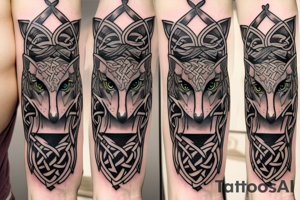 Left shoulder with Celtic cross and wolf with yellow eyes tattoo idea
