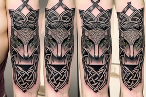 Left shoulder with Celtic cross and wolf with yellow eyes tattoo idea
