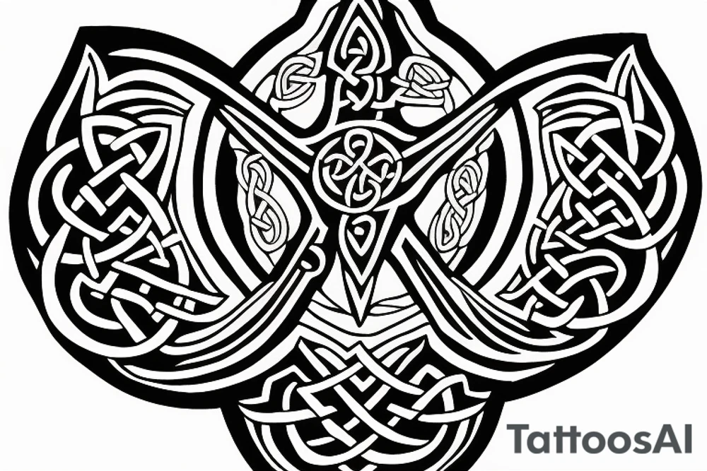 Left shoulder with Celtic cross plus wolf with yellow eyes tattoo idea