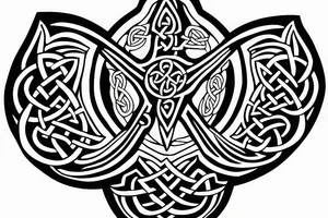 Left shoulder with Celtic cross plus wolf with yellow eyes tattoo idea