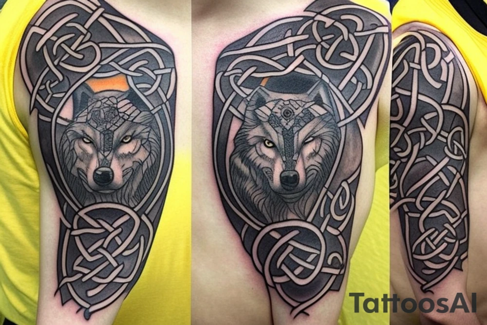 Left shoulder with Celtic cross plus wolf with yellow eyes tattoo idea