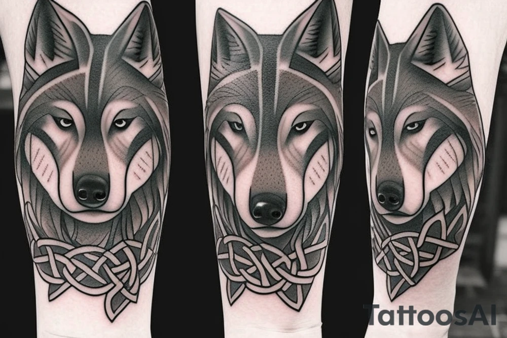 Left shoulder with Celtic cross plus wolf with yellow eyes tattoo idea